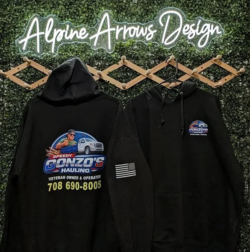 Hauling company hoodie and work jacket with a large full-color printed logo and an American flag sleeve