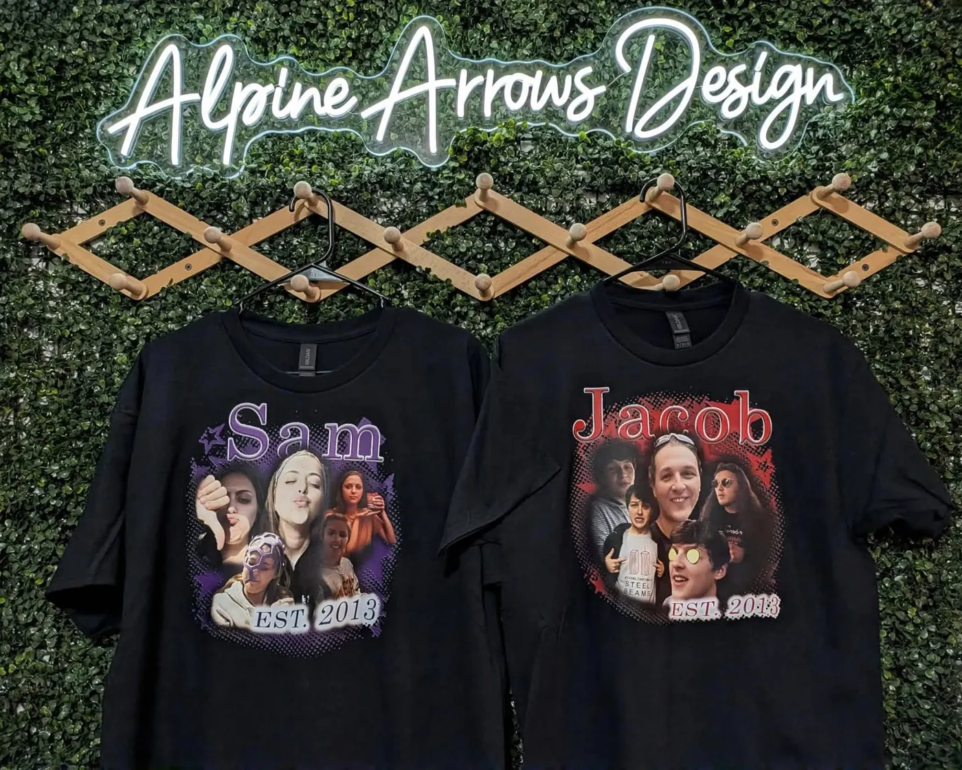 Personalized DTF-printed name and photo collage tees