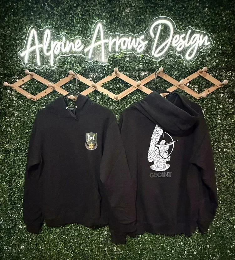 Black hoodies with a full-color topographic archer design printed front and back