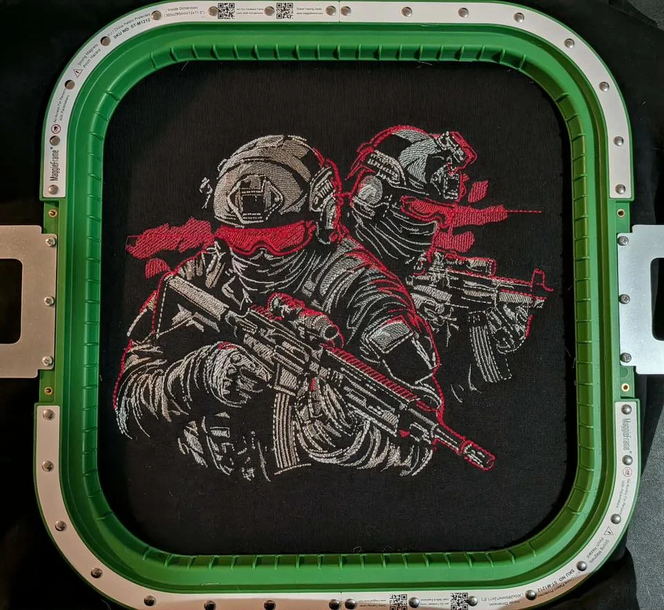 Detailed custom embroidery design stitched on the machine in our Colorado Springs shop